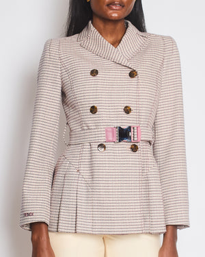 Fendi Red and Pink Micro Houndstooth Belted Jacket with Brown Tortoise Shell Logo Buttons Size IT 38 (UK 6)