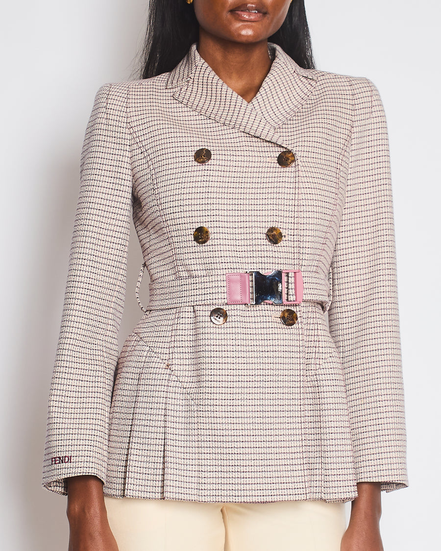 Fendi Red and Pink Micro Houndstooth Belted Jacket with Brown Tortoise Shell Logo Buttons Size IT 38 (UK 6)
