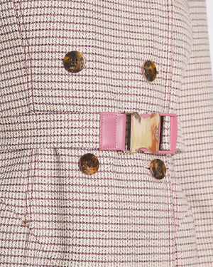 Fendi Red and Pink Micro Houndstooth Belted Jacket with Brown Tortoise Shell Logo Buttons Size IT 38 (UK 6)