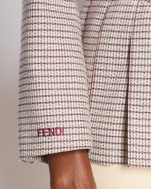 Fendi Red and Pink Micro Houndstooth Belted Jacket with Brown Tortoise Shell Logo Buttons Size IT 38 (UK 6)