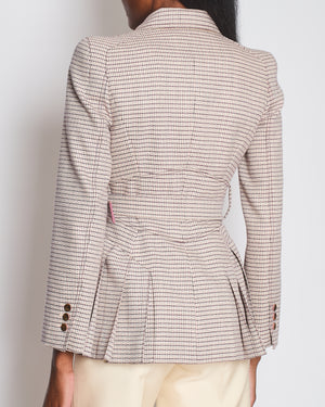Fendi Red and Pink Micro Houndstooth Belted Jacket with Brown Tortoise Shell Logo Buttons Size IT 38 (UK 6)