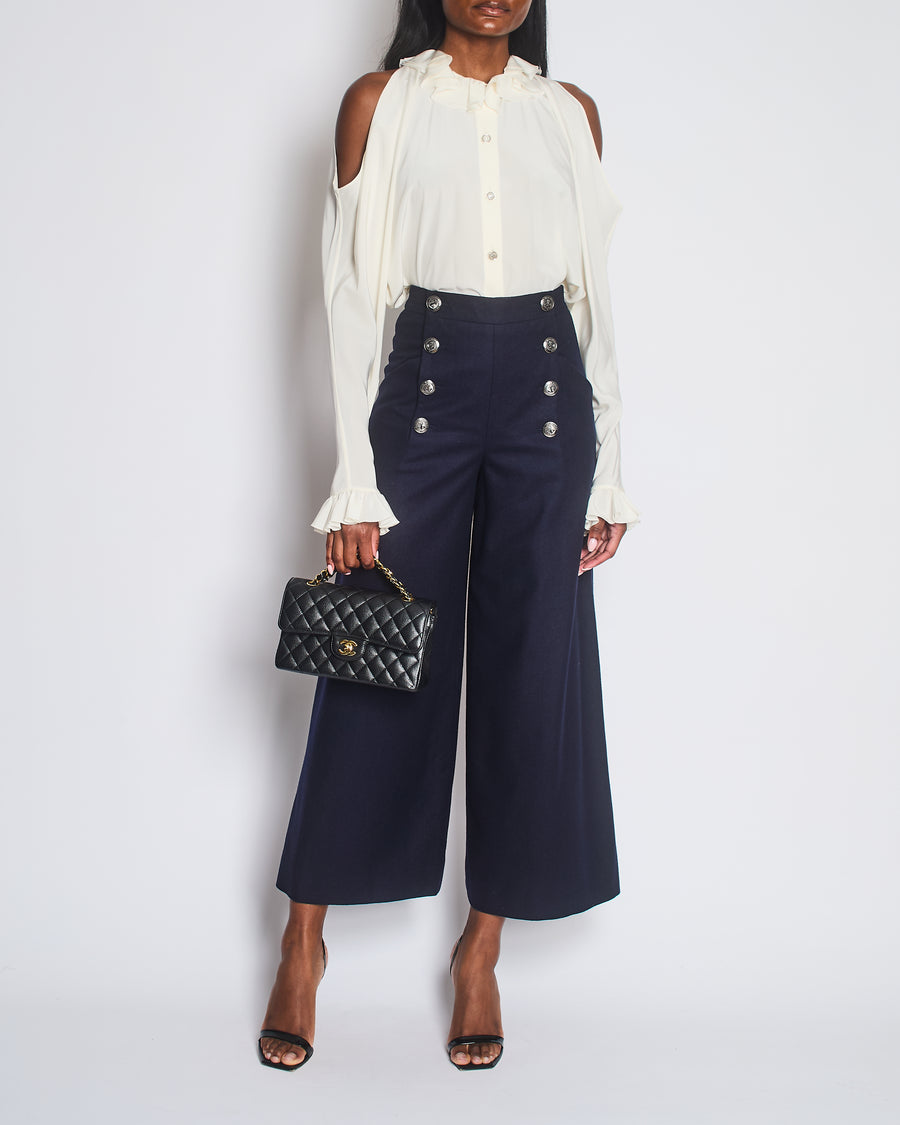 Chanel Navy Wool High Waisted Culottes with Button Detail Size FR 34 (UK 6)