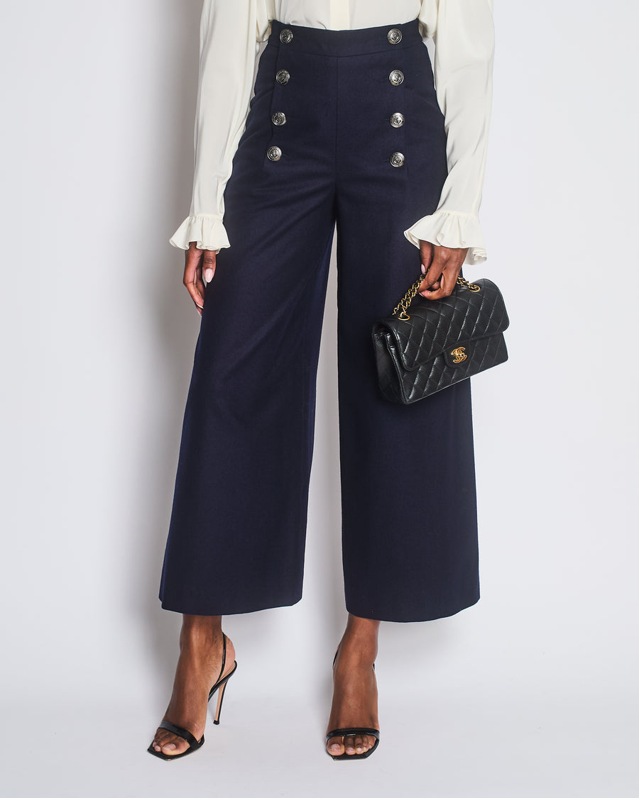 Chanel Navy Wool High Waisted Culottes with Button Detail Size FR 34 (UK 6)