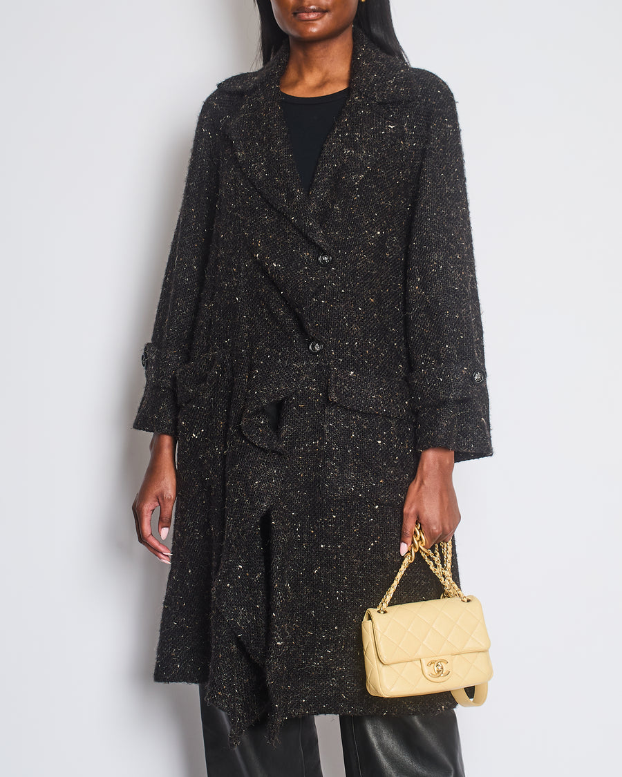 Chanel Black Wool Long Coat with Silver Lion Buttons Detail Size FR 36 (UK 8)