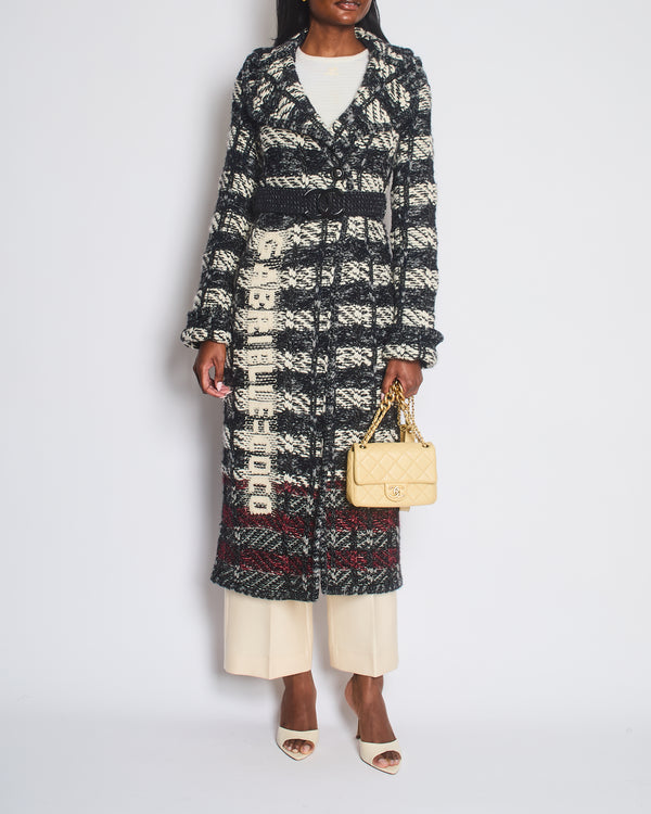 Chanel Grey and White Wool Long Knitted Coat with CC Belt and "Gabrielle Coco" Embroidery with Logo Buttons Size FR 34 (UK 6)