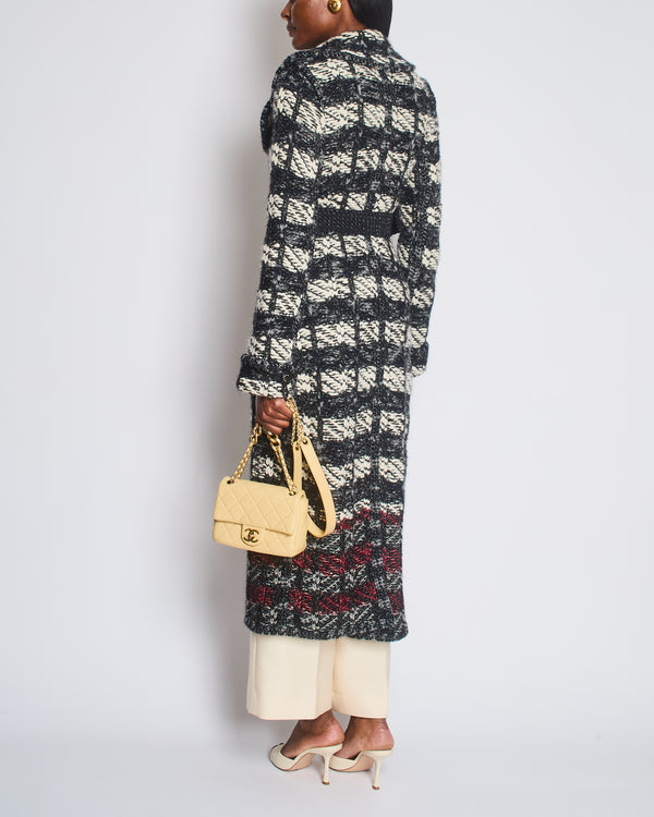 Chanel Grey and White Wool Long Knitted Coat with CC Belt and "Gabrielle Coco" Embroidery with Logo Buttons Size FR 34 (UK 6)