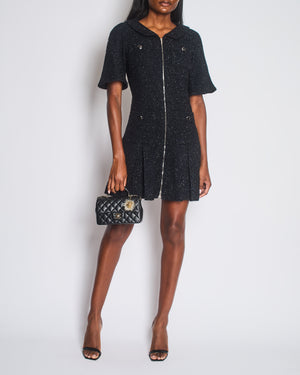 Chanel Black Shimmery Mini Dress with Silver Zip and Globe CC Buttons Detail Size FR 36 (UK 8)