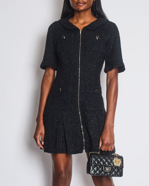 Chanel Black Shimmery Mini Dress with Silver Zip and Globe CC Buttons Detail Size FR 36 (UK 8)