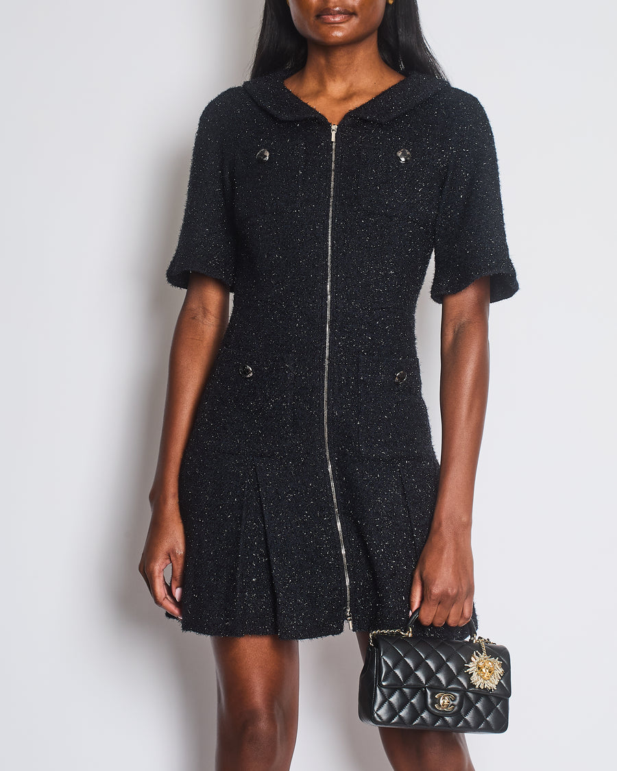 Chanel Black Shimmery Mini Dress with Silver Zip and Globe CC Buttons Detail Size FR 36 (UK 8)