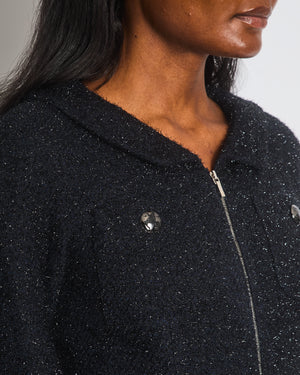 Chanel Black Shimmery Mini Dress with Silver Zip and Globe CC Buttons Detail Size FR 36 (UK 8)