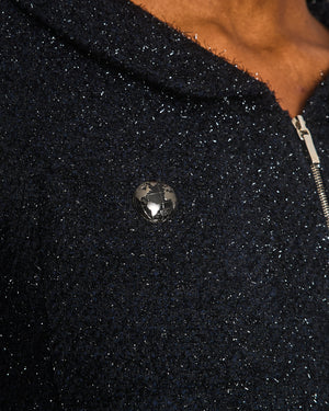 Chanel Black Shimmery Mini Dress with Silver Zip and Globe CC Buttons Detail Size FR 36 (UK 8)