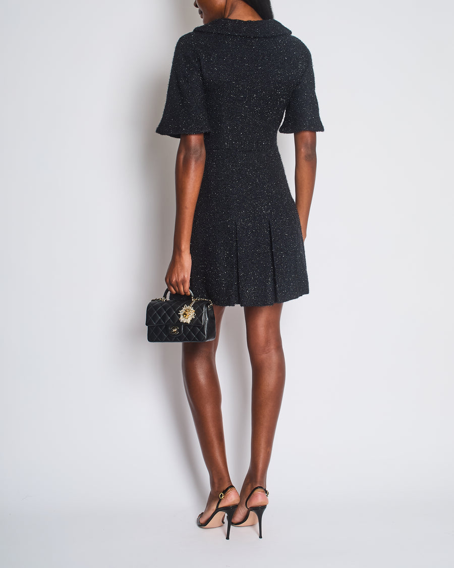Chanel Black Shimmery Mini Dress with Silver Zip and Globe CC Buttons Detail Size FR 36 (UK 8)