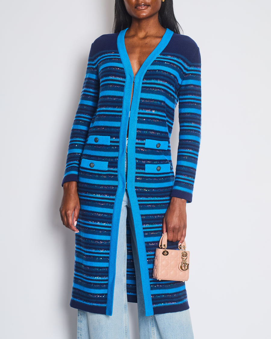Chanel 20C Blue and Navy Cashmere Striped Long Cardigan with Multicolour Sequins Detail and Silver Camelia CC Buttons Size FR 36 (UK 8)