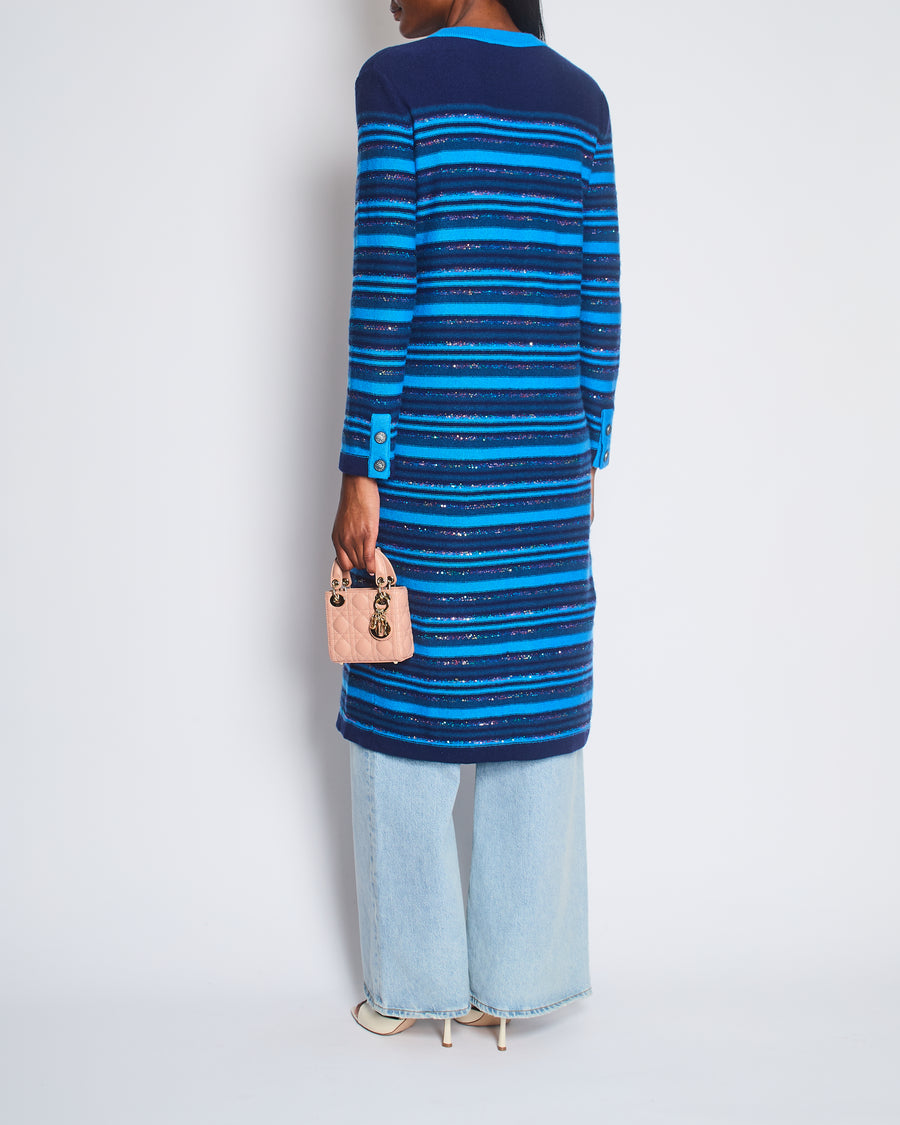 Chanel 20C Blue and Navy Cashmere Striped Long Cardigan with Multicolour Sequins Detail and Silver Camelia CC Buttons Size FR 36 (UK 8)