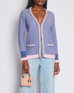 Chanel 11/C Blue and Pink Cashmere Knitted Cardigan with Braided Trim Detail Size FR 36 (UK 8)