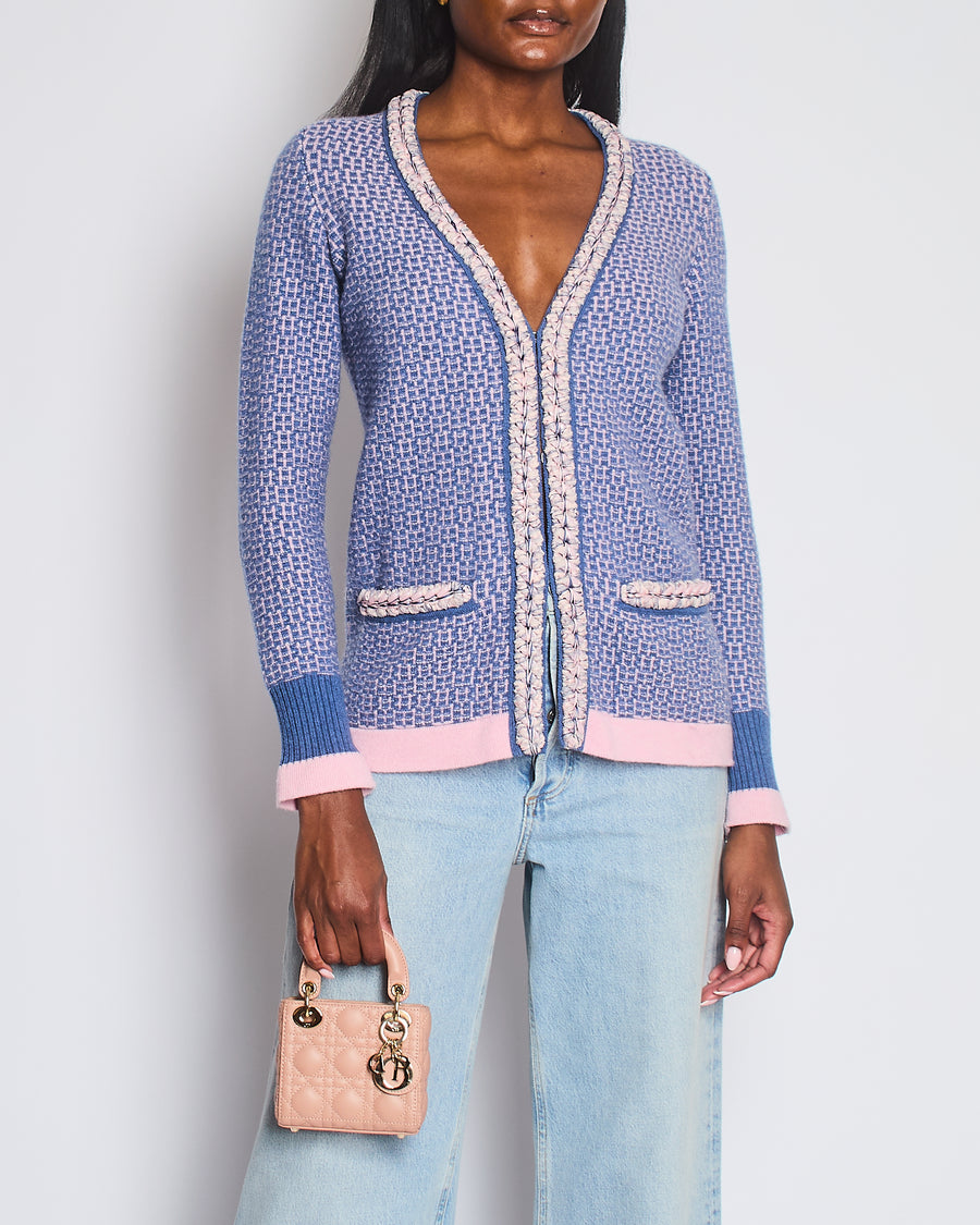 Chanel 11/C Blue and Pink Cashmere Knitted Cardigan with Braided Trim Detail Size FR 36 (UK 8)