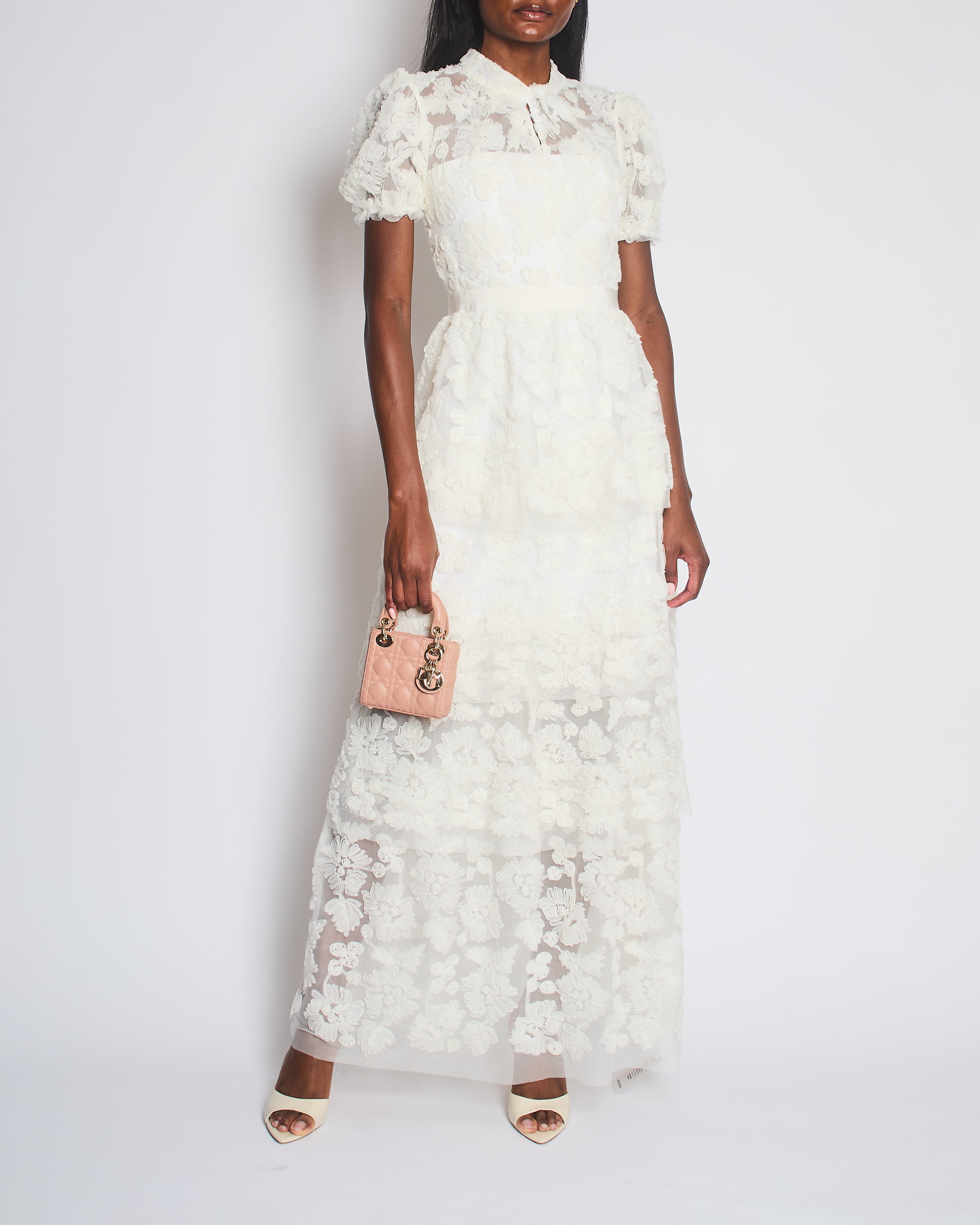 Self-Portrait White Ribbon Lace Tiered Maxi Dress in Size UK 8