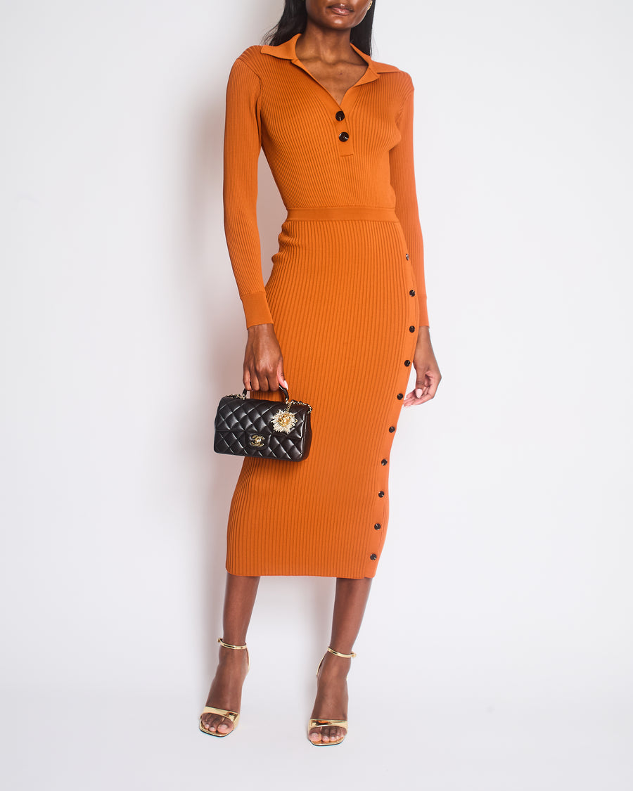 Self Portrait Burnt Orange Ribbed Knit Maxi Dress with Black Buttons Size UK S (UK 8)