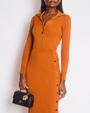Self Portrait Burnt Orange Ribbed Knit Maxi Dress with Black Buttons Size UK S (UK 8)