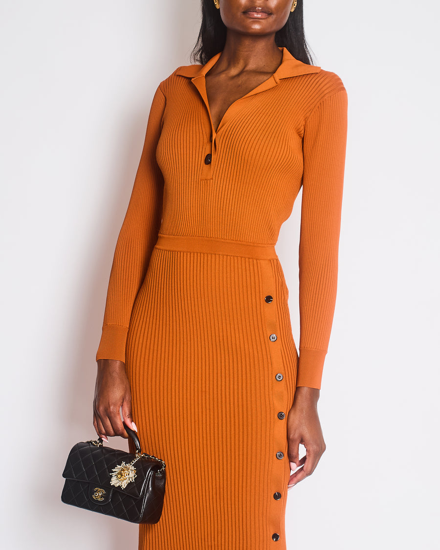 Self Portrait Burnt Orange Ribbed Knit Maxi Dress with Black Buttons Size UK S (UK 8)