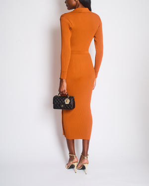 Self Portrait Burnt Orange Ribbed Knit Maxi Dress with Black Buttons Size UK S (UK 8)
