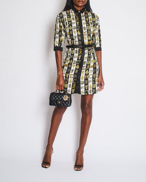 Versace White, Black and Yellow Silk Short Sleeve with Letter Print and Belt Size IT 38 (UK 6)