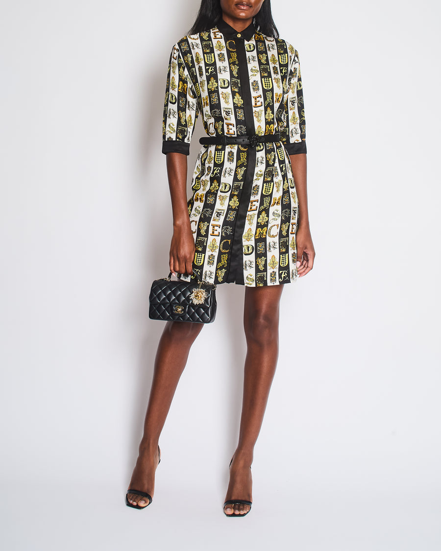 Versace White, Black and Yellow Silk Short Sleeve with Letter Print and Belt Size IT 38 (UK 6)