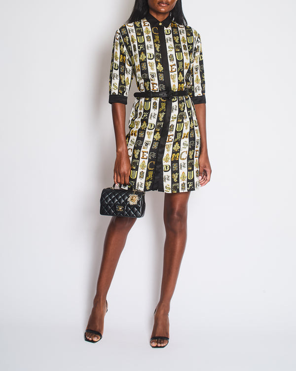 Versace White, Black and Yellow Silk Short Sleeve with Letter Print and Belt Size IT 38 (UK 6)
