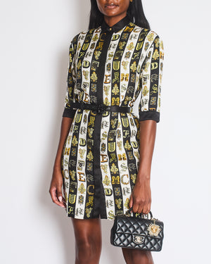 Versace White, Black and Yellow Silk Short Sleeve with Letter Print and Belt Size IT 38 (UK 6)