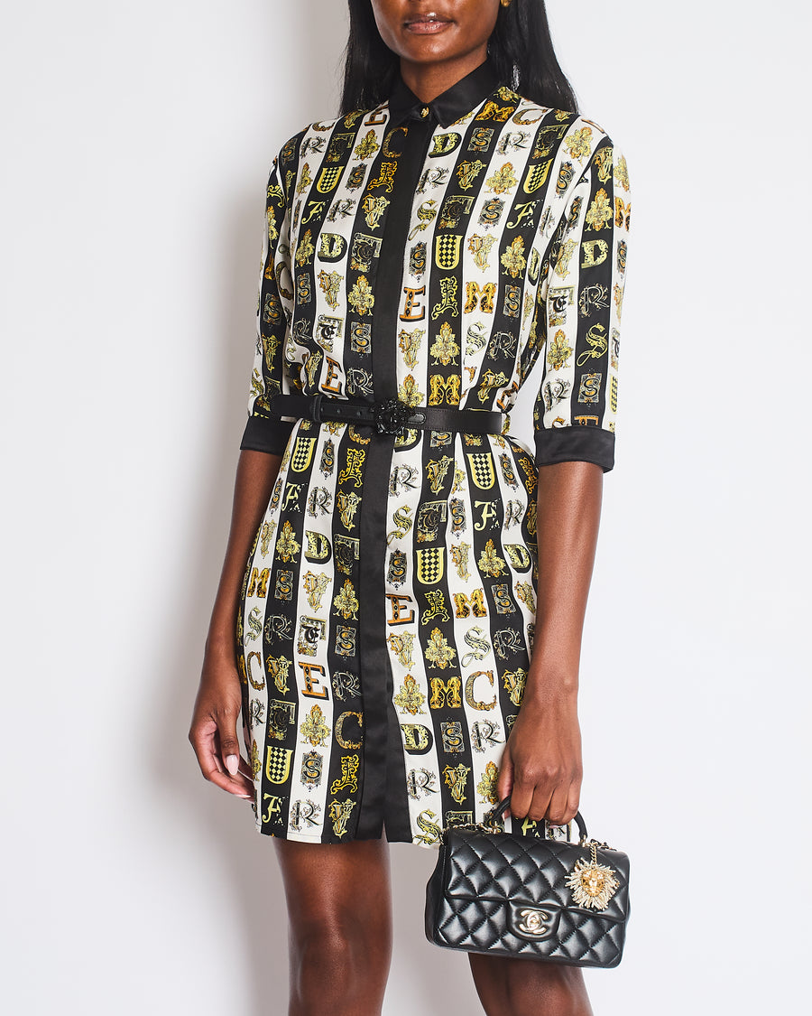 Versace White, Black and Yellow Silk Short Sleeve with Letter Print and Belt Size IT 38 (UK 6)