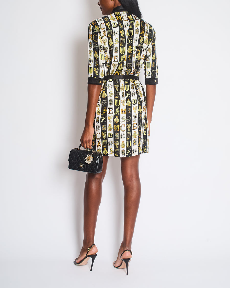 Versace White, Black and Yellow Silk Short Sleeve with Letter Print and Belt Size IT 38 (UK 6)