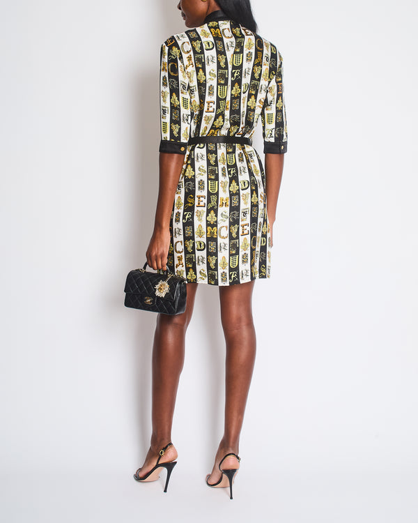 Versace White, Black and Yellow Silk Short Sleeve with Letter Print and Belt Size IT 38 (UK 6)