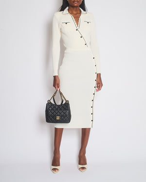 Self Portrait Cream and Black Contrast Stitch Ribbed Knit Maxi Dress with Black Buttons Size UK S (UK 8)