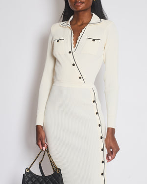 Self Portrait Cream and Black Contrast Stitch Ribbed Knit Maxi Dress with Black Buttons Size UK S (UK 8)