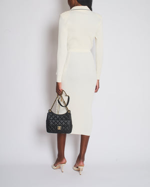 Self Portrait Cream and Black Contrast Stitch Ribbed Knit Maxi Dress with Black Buttons Size UK S (UK 8)