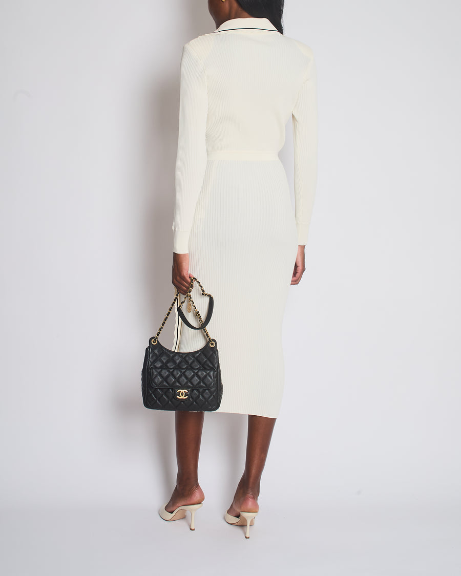 Self Portrait Cream and Black Contrast Stitch Ribbed Knit Maxi Dress with Black Buttons Size UK S (UK 8)