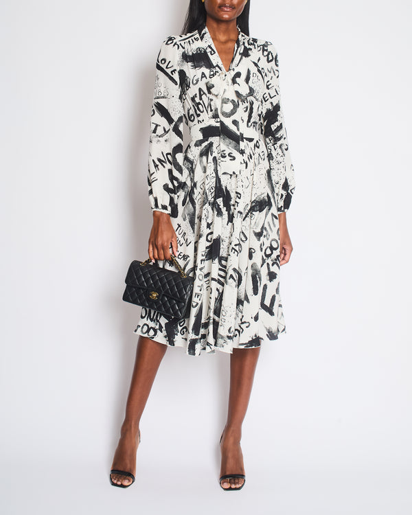 Dolce & Gabbana Black and White Graffiti Print Silk Dress Size IT 38 (UK 6)