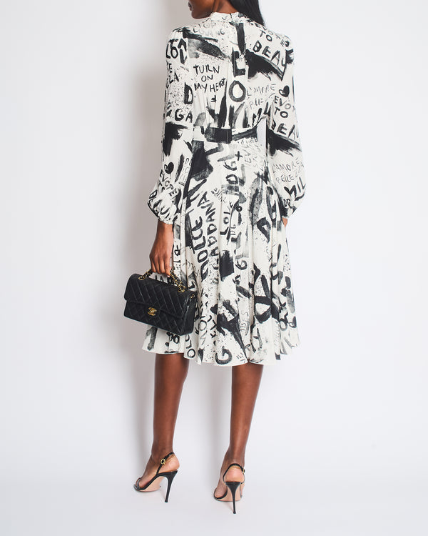 Dolce & Gabbana Black and White Graffiti Print Silk Dress Size IT 38 (UK 6)