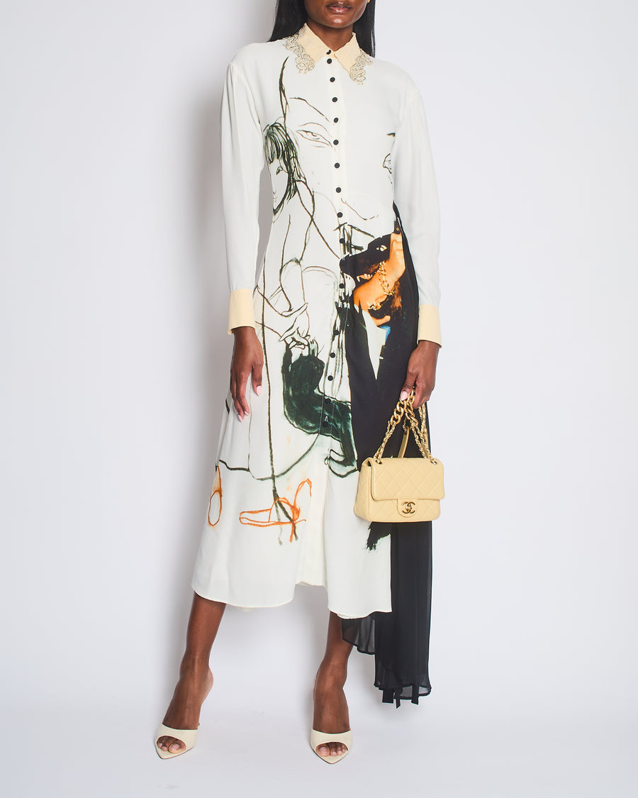 Chloe White, Cream and Black Printed Maxi Dress with Mesh Insert and Embellished Collar Size FR 34 (UK 6)