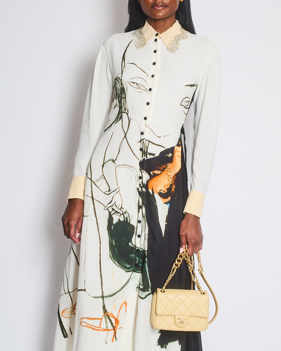 Chloe White, Cream and Black Printed Maxi Dress with Mesh Insert and Embellished Collar Size FR 34 (UK 6)