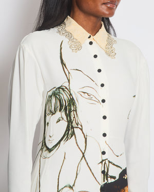 Chloe White, Cream and Black Printed Maxi Dress with Mesh Insert and Embellished Collar Size FR 34 (UK 6)