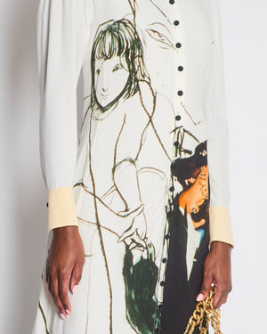 Chloe White, Cream and Black Printed Maxi Dress with Mesh Insert and Embellished Collar Size FR 34 (UK 6)