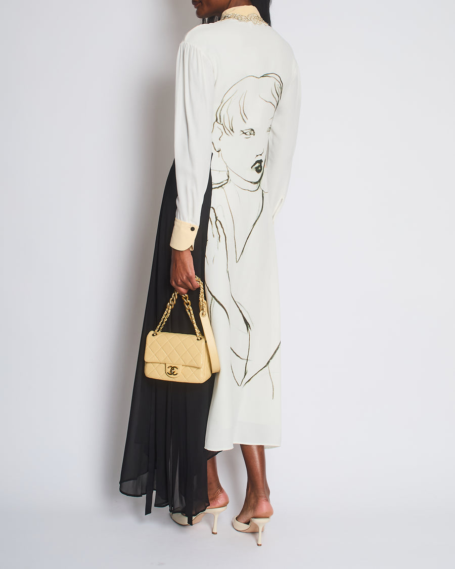 Chloe White, Cream and Black Printed Maxi Dress with Mesh Insert and Embellished Collar Size FR 34 (UK 6)