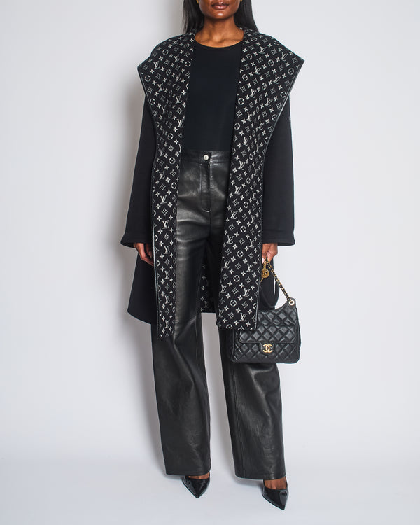 Louis Vuitton Black Belted Double Face Hooded Wrap Coat with Leather Trim Size FR 42 (UK 14)