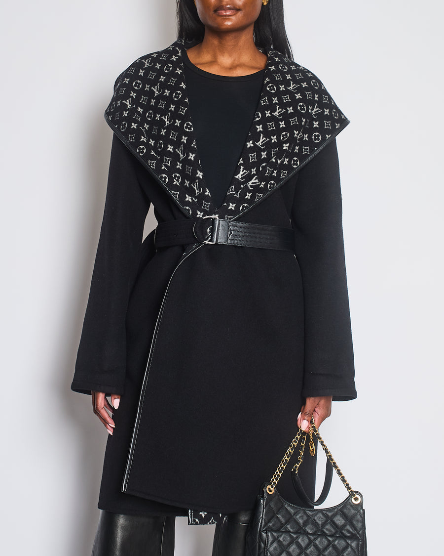 Louis Vuitton Black Belted Double Face Hooded Wrap Coat with Leather Trim Size FR 42 (UK 14)