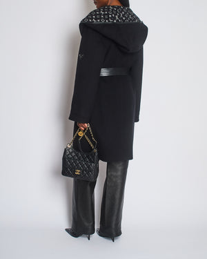 Louis Vuitton Black Belted Double Face Hooded Wrap Coat with Leather Trim Size FR 42 (UK 14)