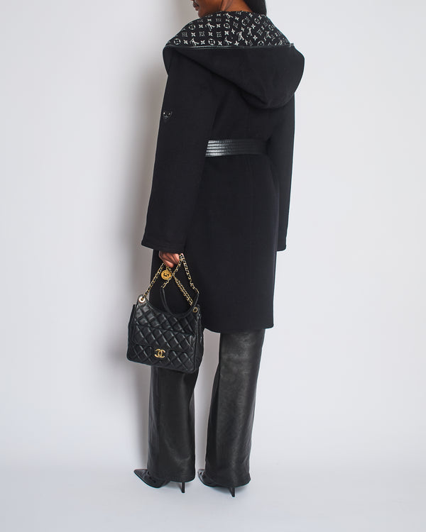 Louis Vuitton Black Belted Double Face Hooded Wrap Coat with Leather Trim Size FR 42 (UK 14)