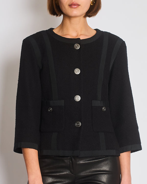 Chanel Black Vintage Tweed Jacket with Ribbed Fabric Trim Details and Silver CC Logo Star Buttons Size FR 38 (UK 10)