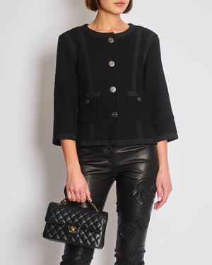 Chanel 13/P Black Vintage Tweed Jacket with Ribbed Fabric Trim Details and Silver CC Logo Star Buttons Size FR 38 (UK 10)