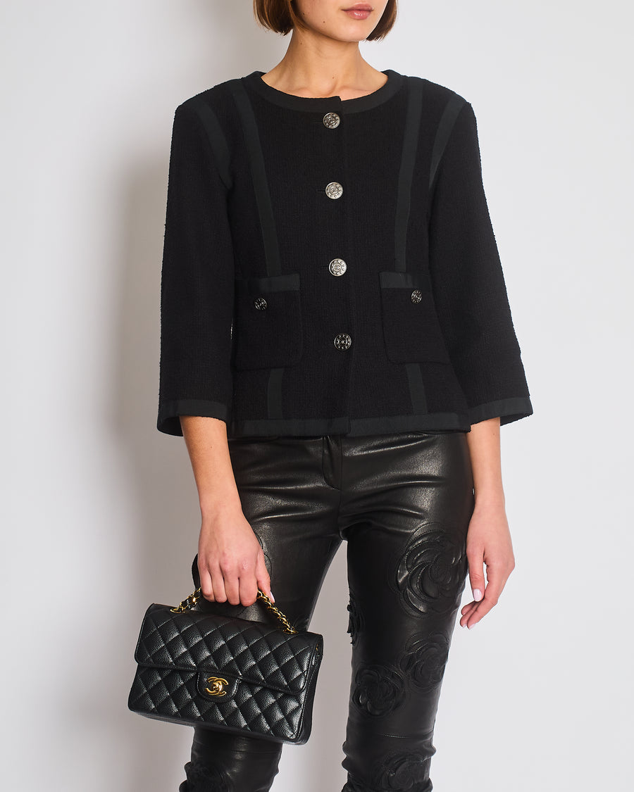 Chanel 13/P Black Vintage Tweed Jacket with Ribbed Fabric Trim Details and Silver CC Logo Star Buttons Size FR 38 (UK 10)